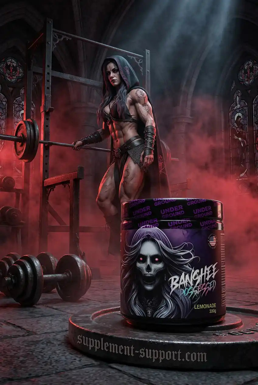 Undergrund Labs Banshee V3 Possessed Booster Lemonade vor muskulöser Frau im Gothic-Gym