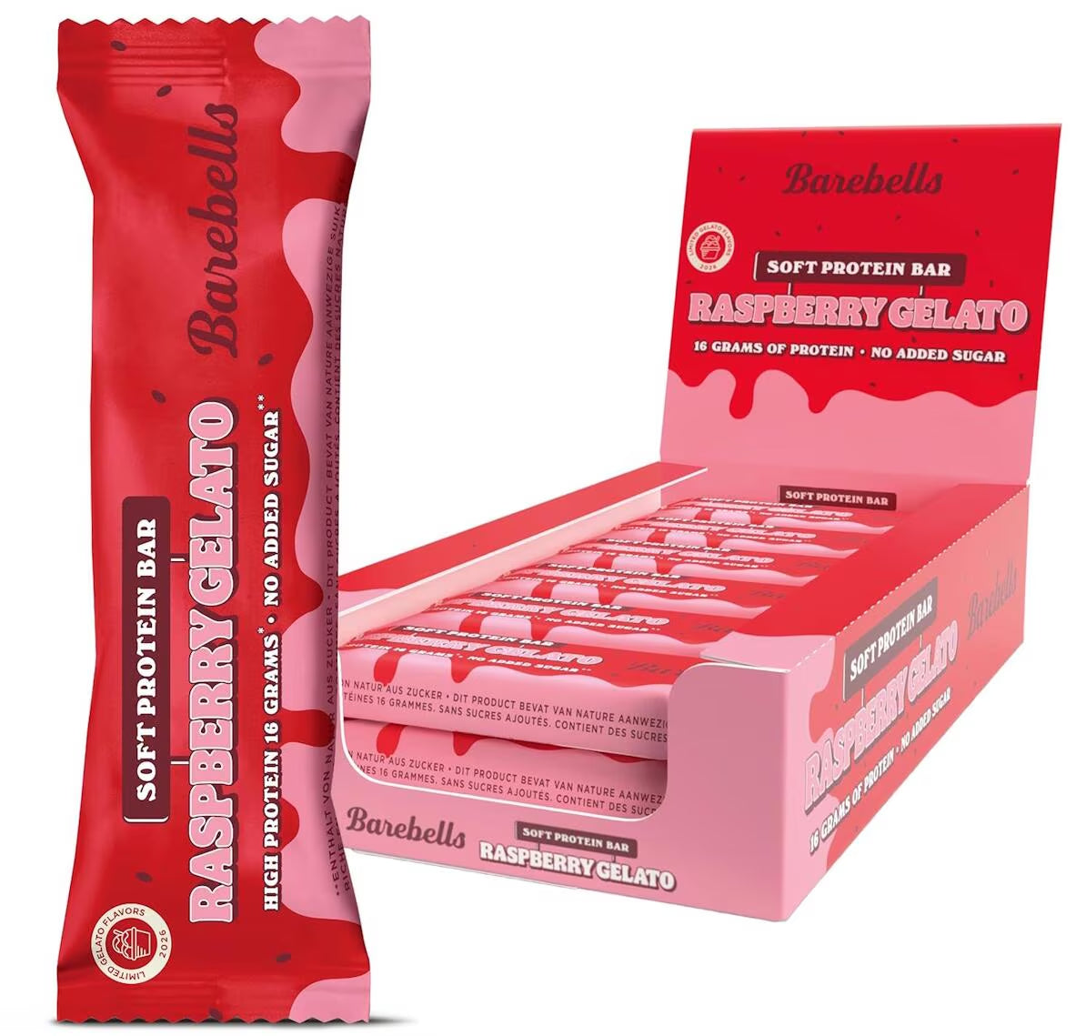 Barebells Soft Protein Bar Raspberry Gelato Proteinriegel in Verpackung und Box