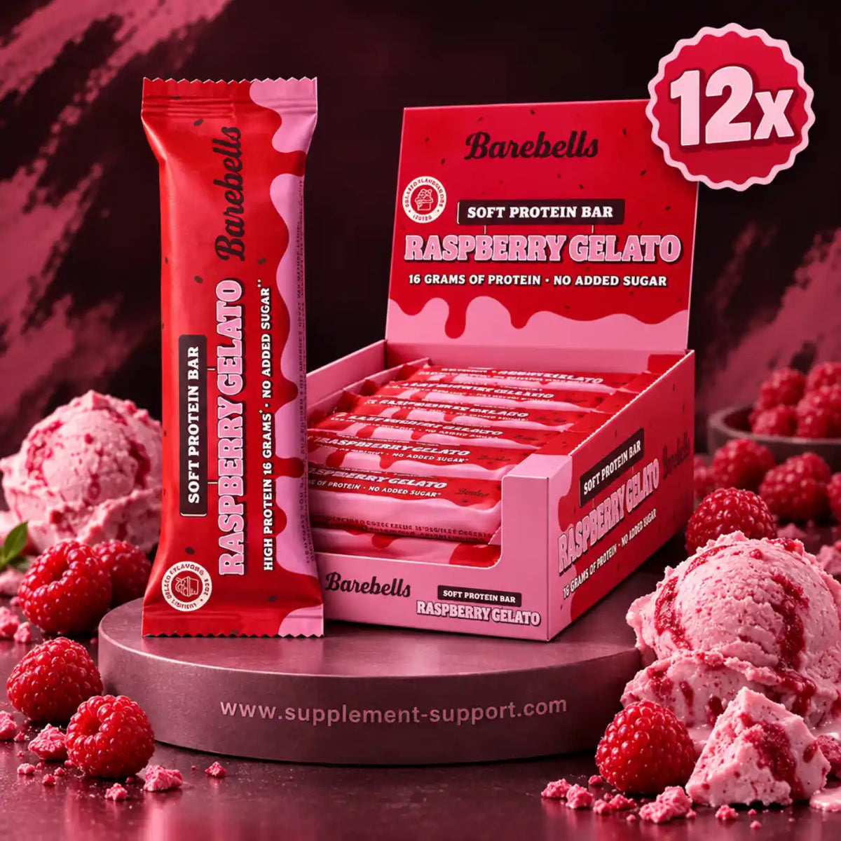 Barebells Protein Softbar Raspberry Gelato 12er Pack mit Himbeeren und Eiscreme