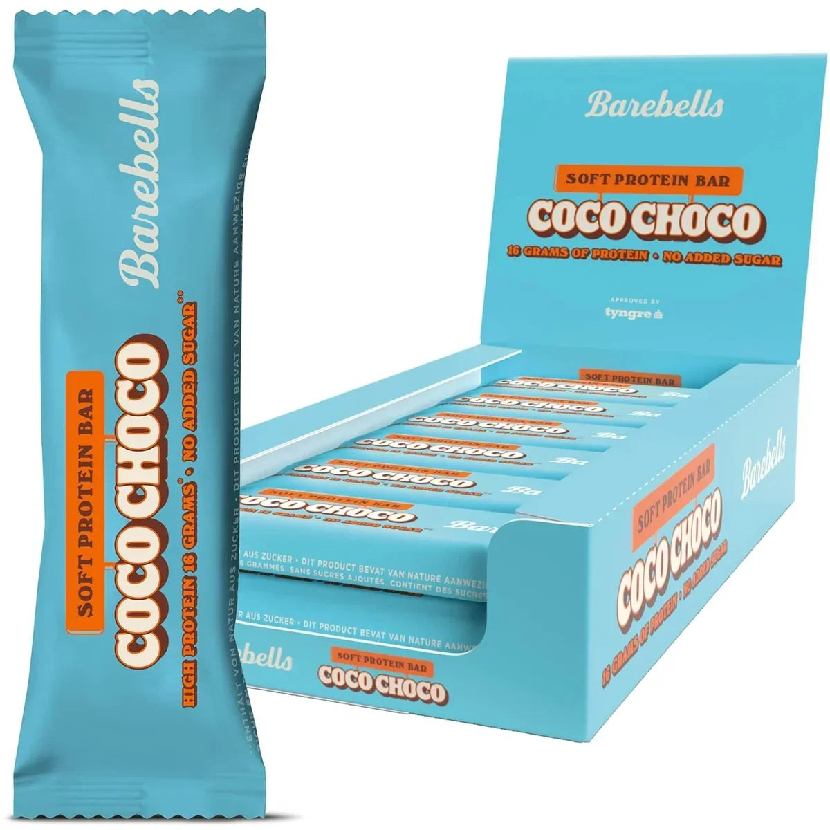 Barebells Protein Softbar Coco Choco in Einzelverpackung und 12er Displaybox.
