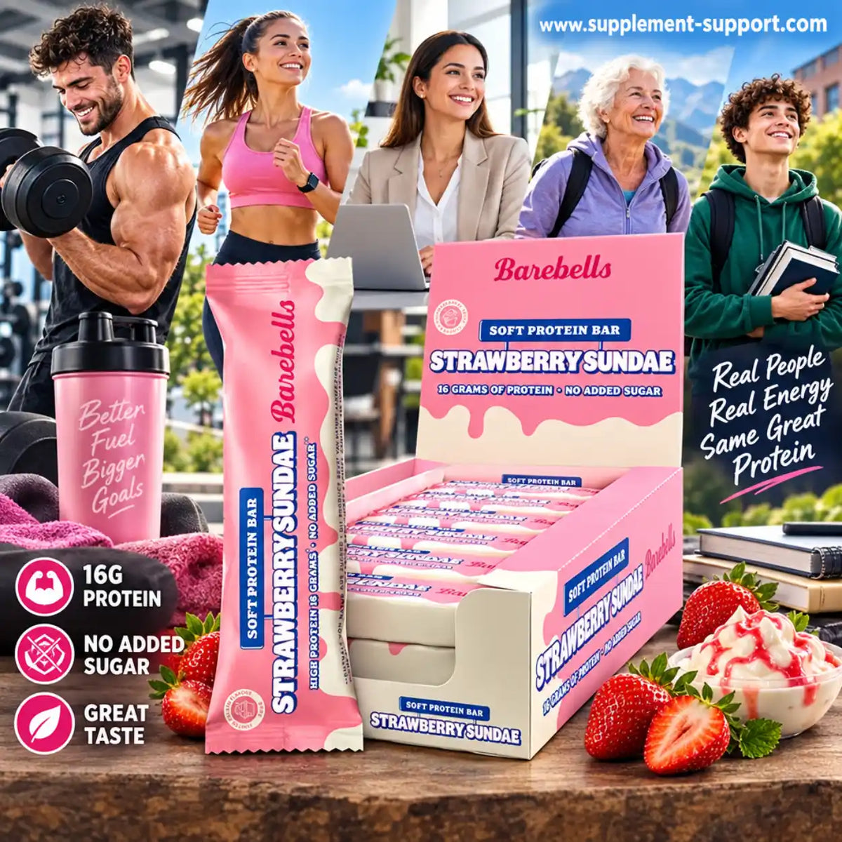 Barebells Protein Softbar Strawberry Sundae Packung und Riegel mit frischen Erdbeeren.