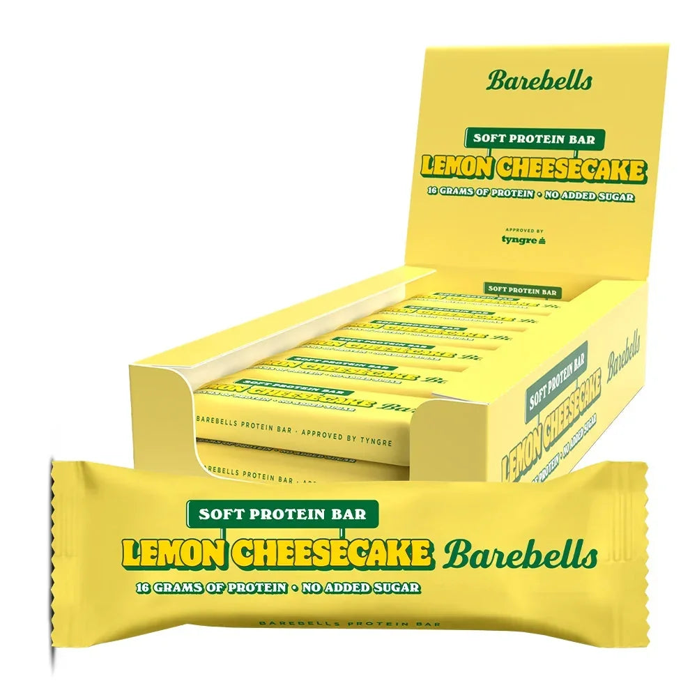 Barebells Soft Protein Bar in der Sorte Lemon Cheesecake, Einzelriegel und Vorratsbox.