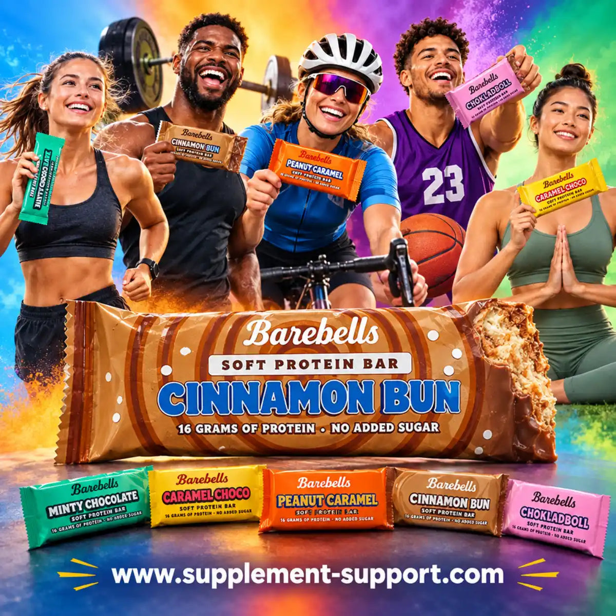 Barebells Soft Protein Bars in verschiedenen Geschmacksrichtungen mit Sportlern.