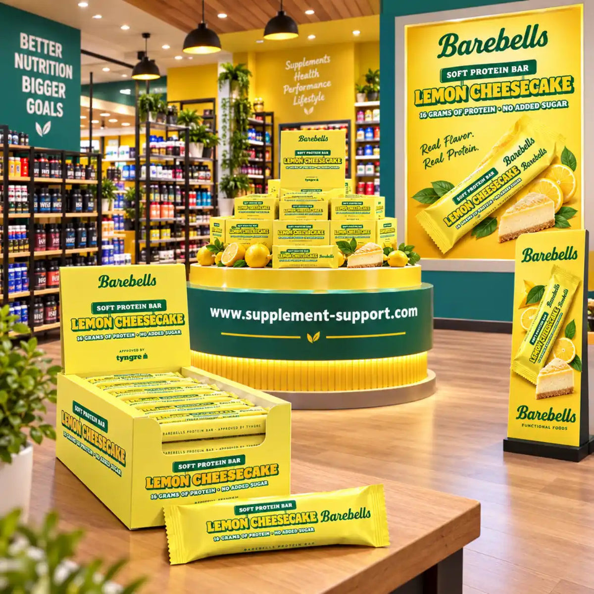 Barebells Protein Softbar Lemon Cheesecake Display in einem Supplement-Shop