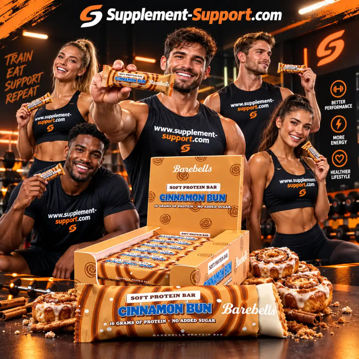 Barebells Protein Softbar Cinnamon Bun mit Sportlern im Fitnessstudio.