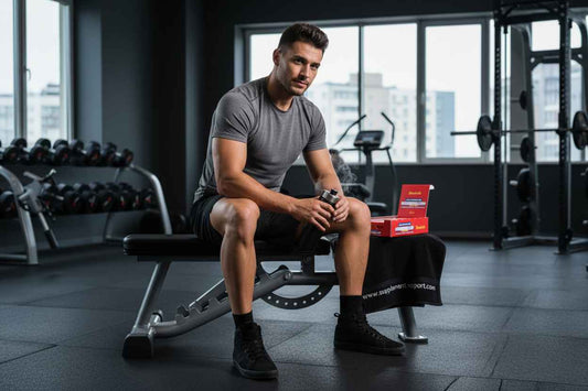 Muskulöser Mann im Fitnessstudio mit Nahrungsergänzungsmittel, ideal für Sportler und Fitness-Enthusiasten
