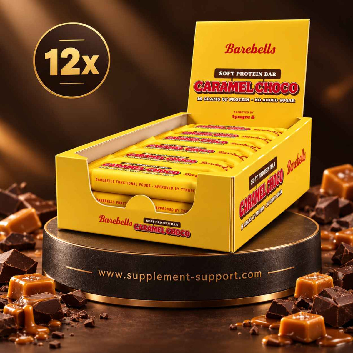 Barebells Protein Softbar Caramel Choco 12er Pack mit Schokoladen- und Karamellstücken