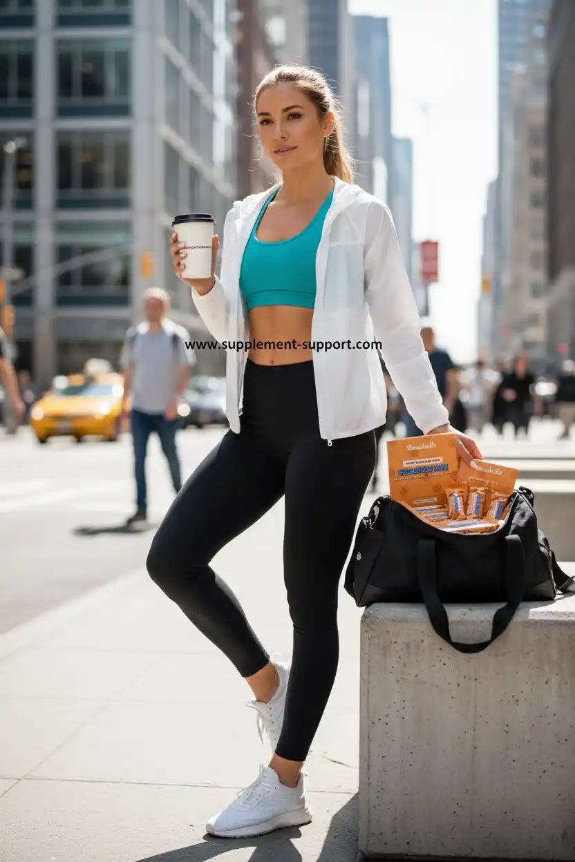 Frau mit Sportnahrung & Kaffee in der Stadt – Fitness, Laufen, Fußball