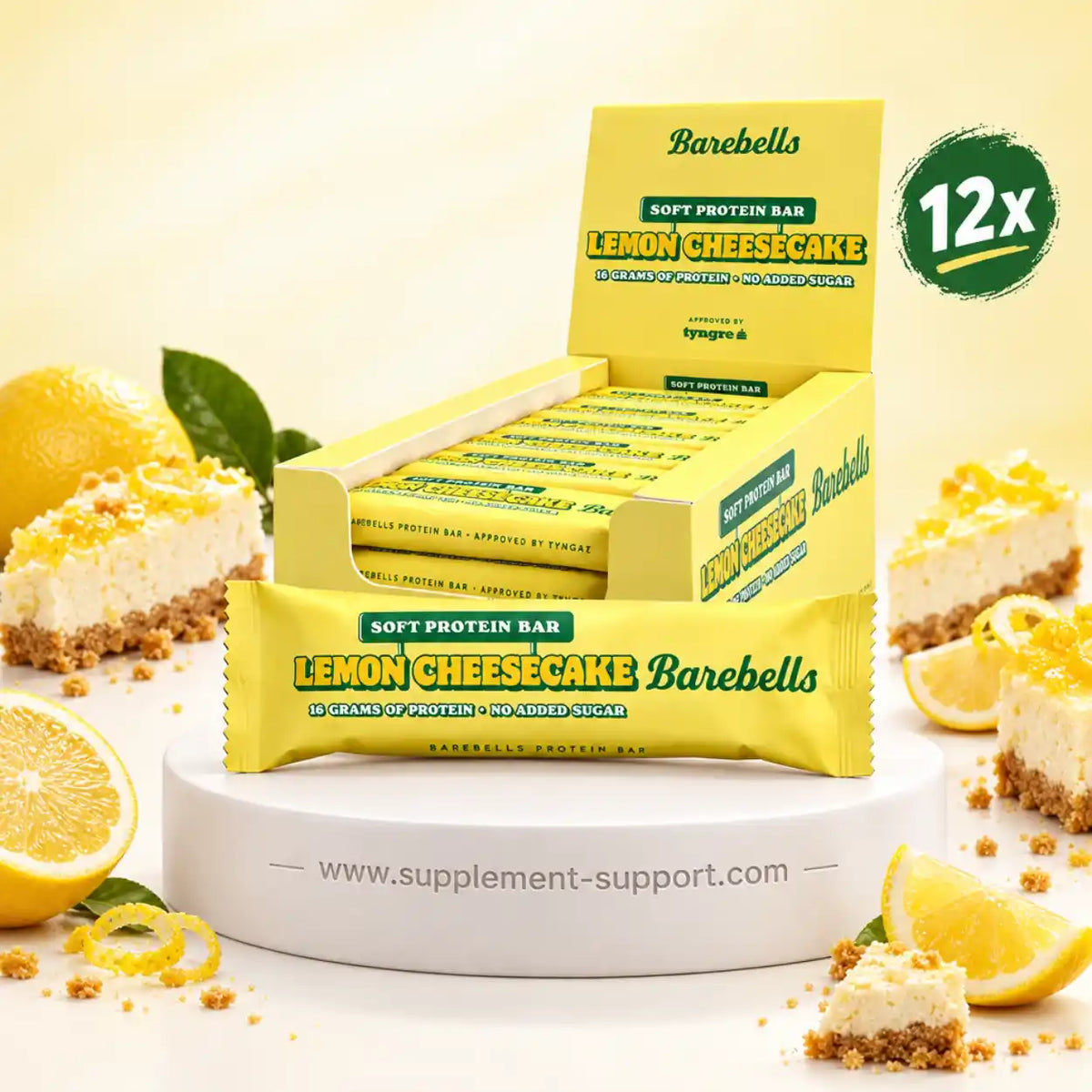 Barebells Protein Softbar Lemon Cheesecake im 12er Pack mit Zitronenstücken.