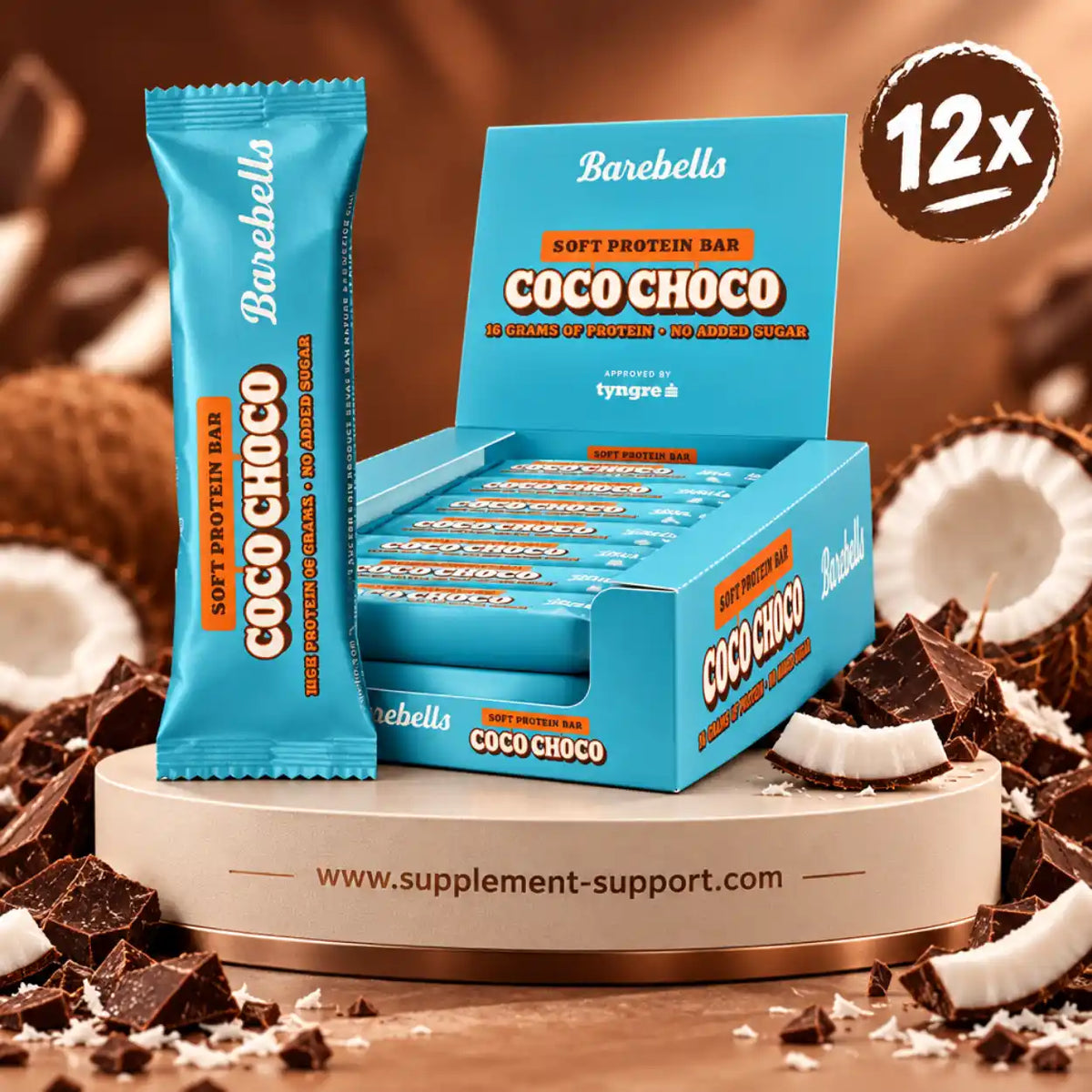 Barebells Protein Softbar Coco Choco 12er Pack mit Einzelriegel und Schokoladenstücken