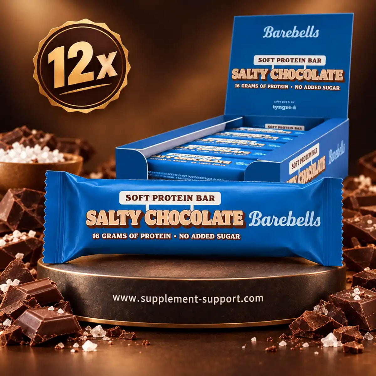 Barebells Soft Protein Bar Salty Chocolate 12er Pack mit Schokoladenstücken und Salz