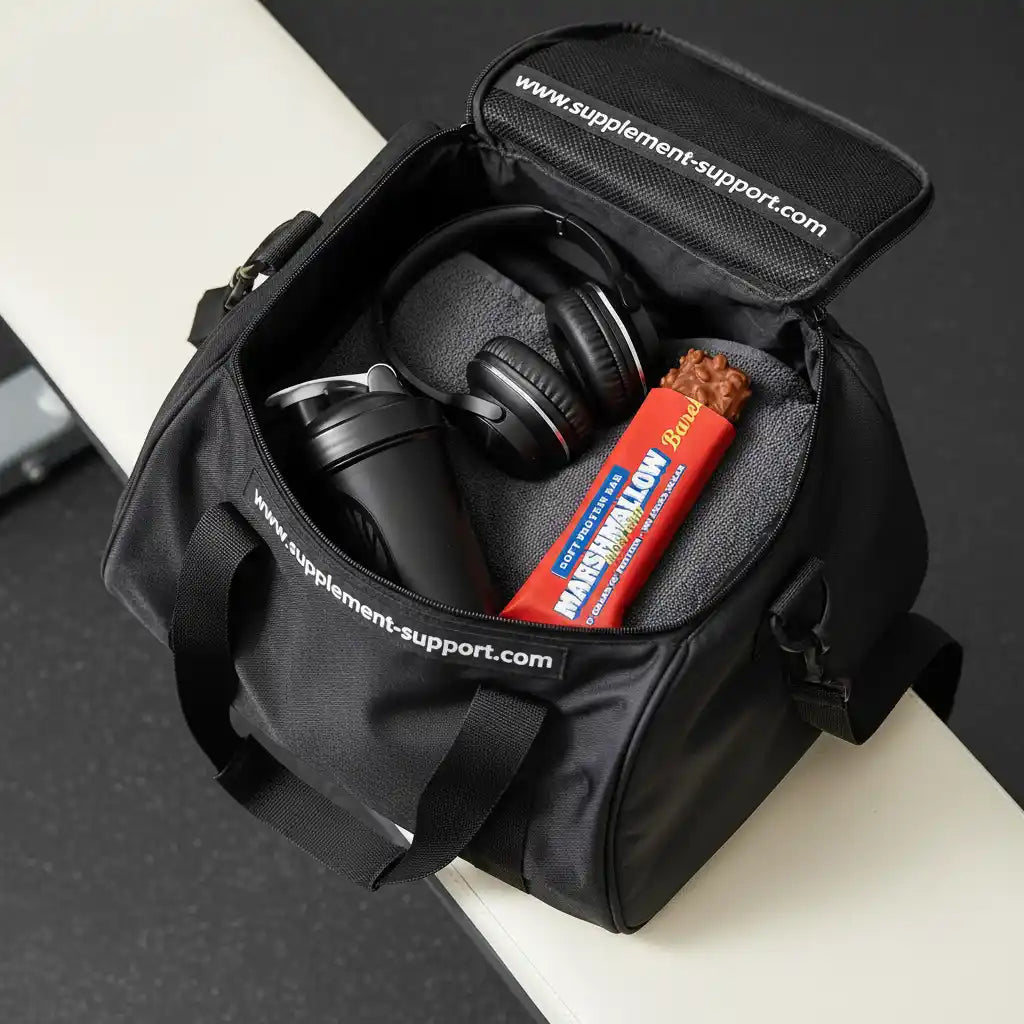 Schwarze Sporttasche mit Proteinriegel, Shaker und Kopfhörern – ideal für Fitness & Training