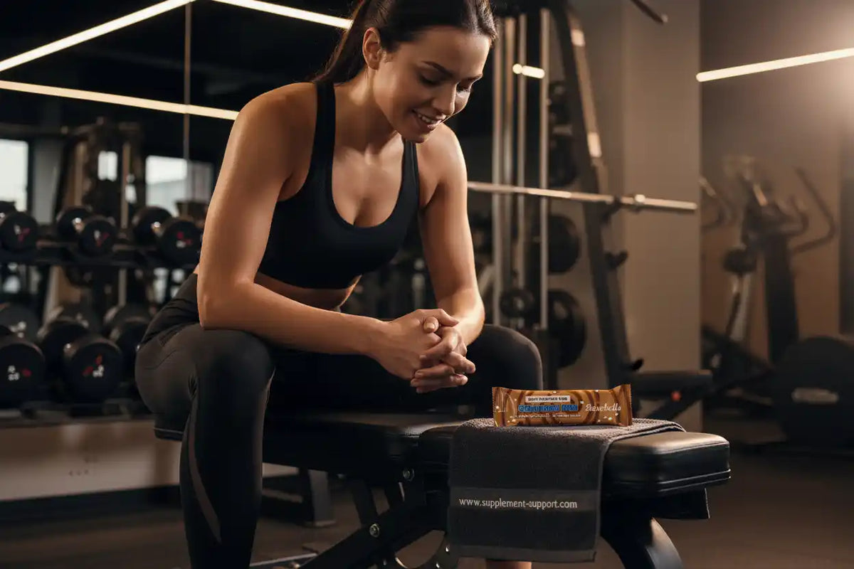 Frau im Fitnessstudio mit Proteinriegel, ideal für Sportler und Fitness-Enthusiasten