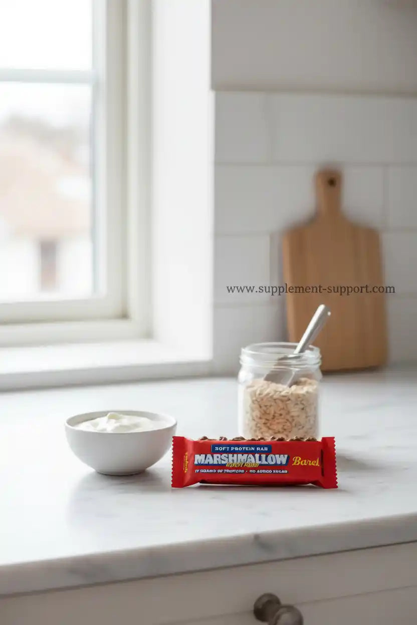 Marshmallow Proteinriegel auf Küchenarbeitsplatte mit Joghurt und Haferflocken, ideal für Sportler und Fitness
