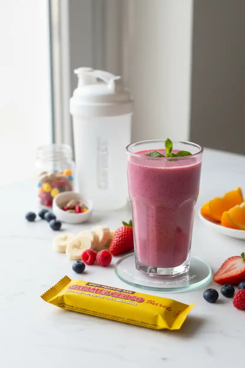 Beeren-Smoothie mit Proteinriegel und Shaker für Sportler