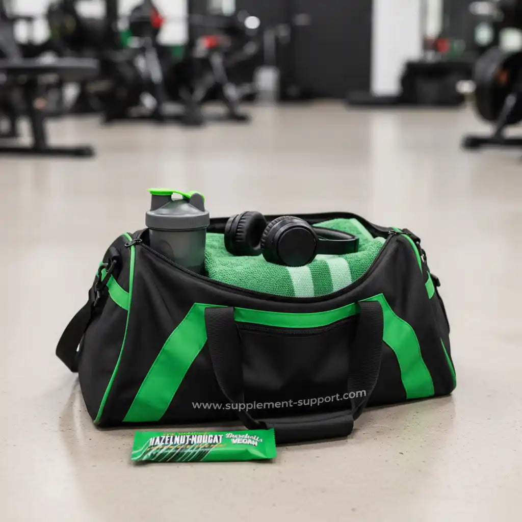 Schwarze Fitness-Tasche mit grünen Akzenten, Shaker, Kopfhörern und veganem Riegel im Fitnessstudio