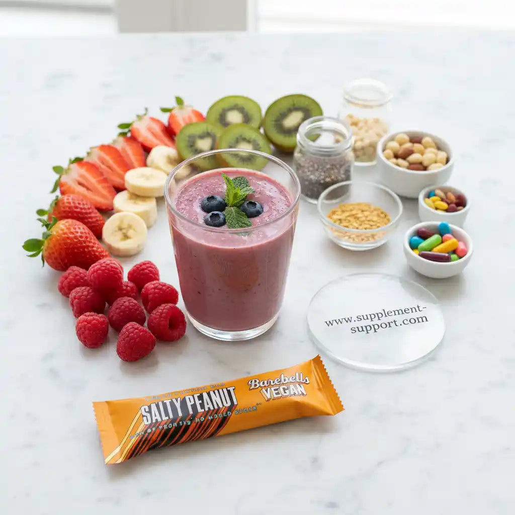 Veganer Salty Peanut Proteinriegel mit Beeren-Smoothie und Nüssen für Sportler