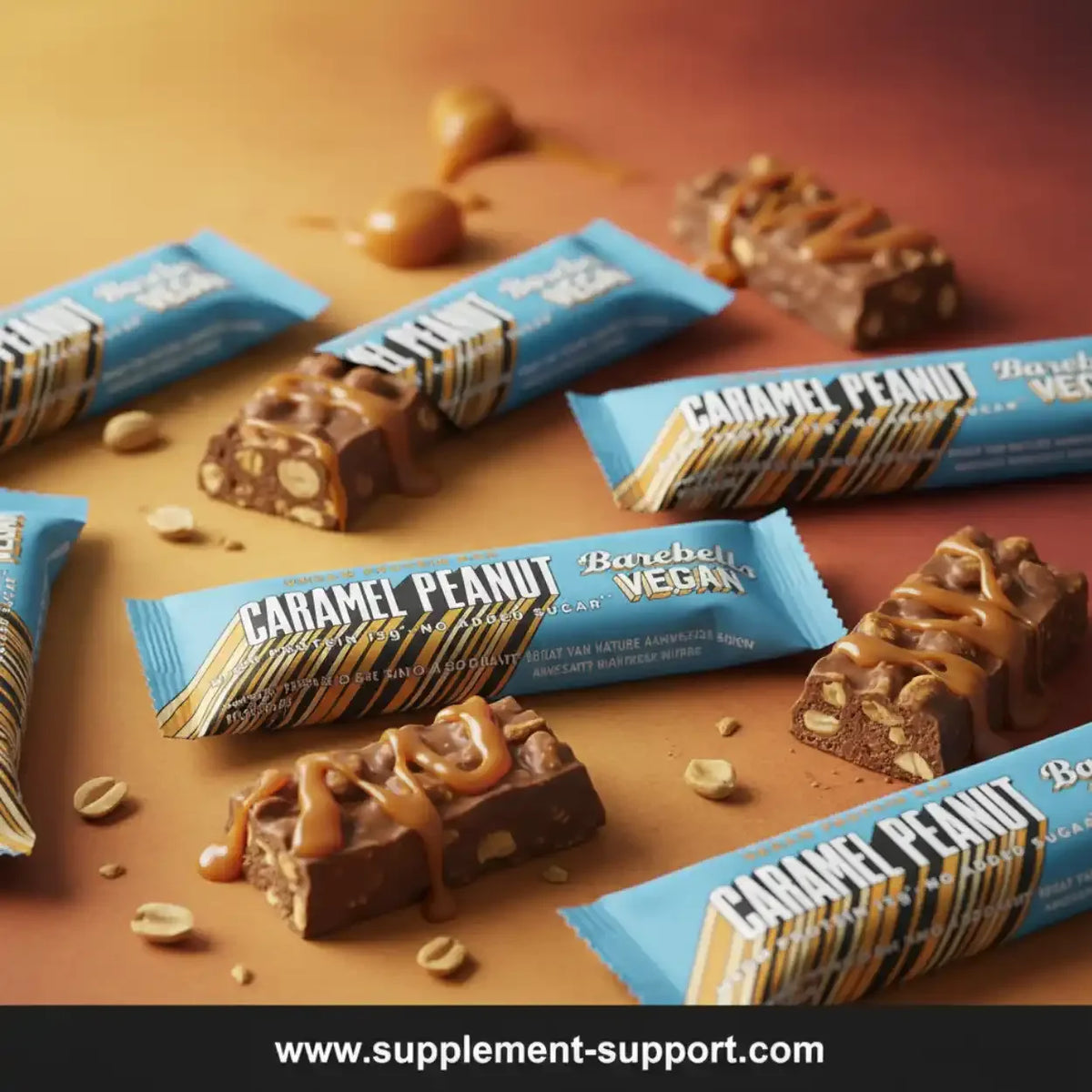 Barebells Vegan Protein Riegel in Caramel Peanut mit Karamell und Erdnüssen