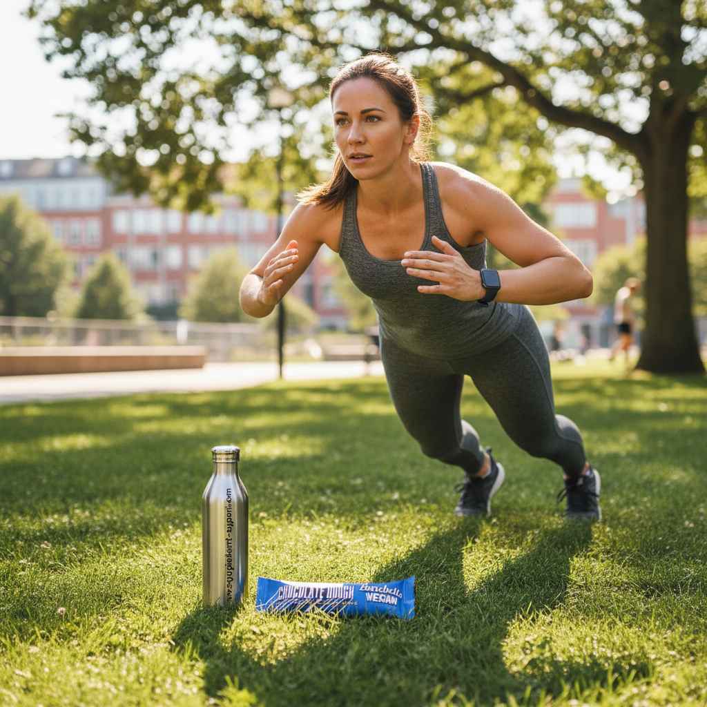 Frau beim Fitness-Training im Park mit Proteinriegel und Trinkflasche für Sportler