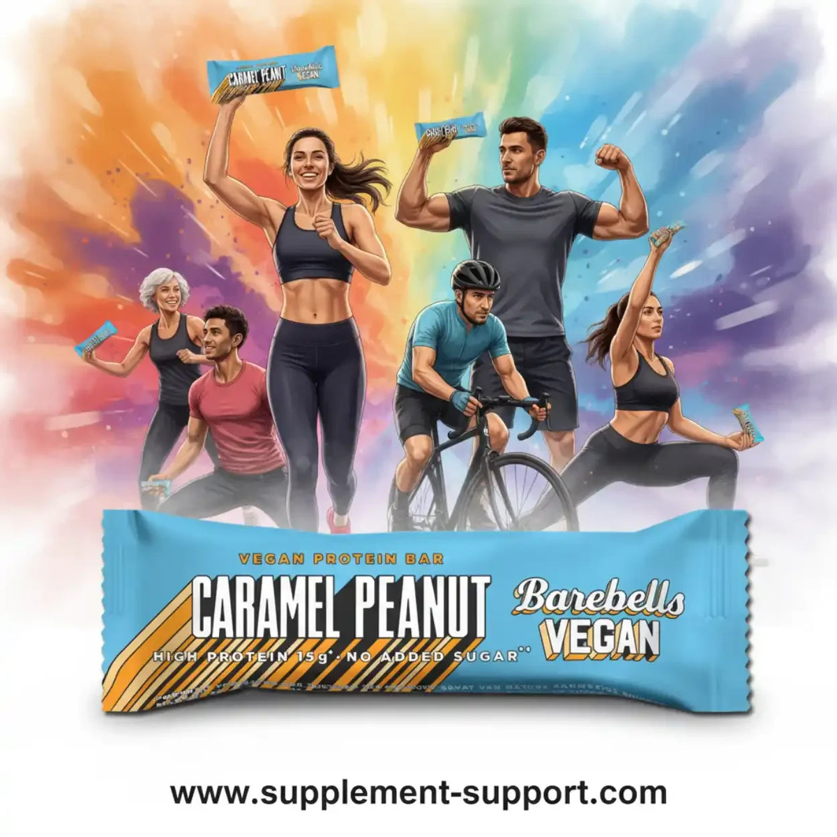 Barebells Vegan Protein Bar Caramel Peanut mit sportlichen Menschen vor farbenfrohem Hintergrund
