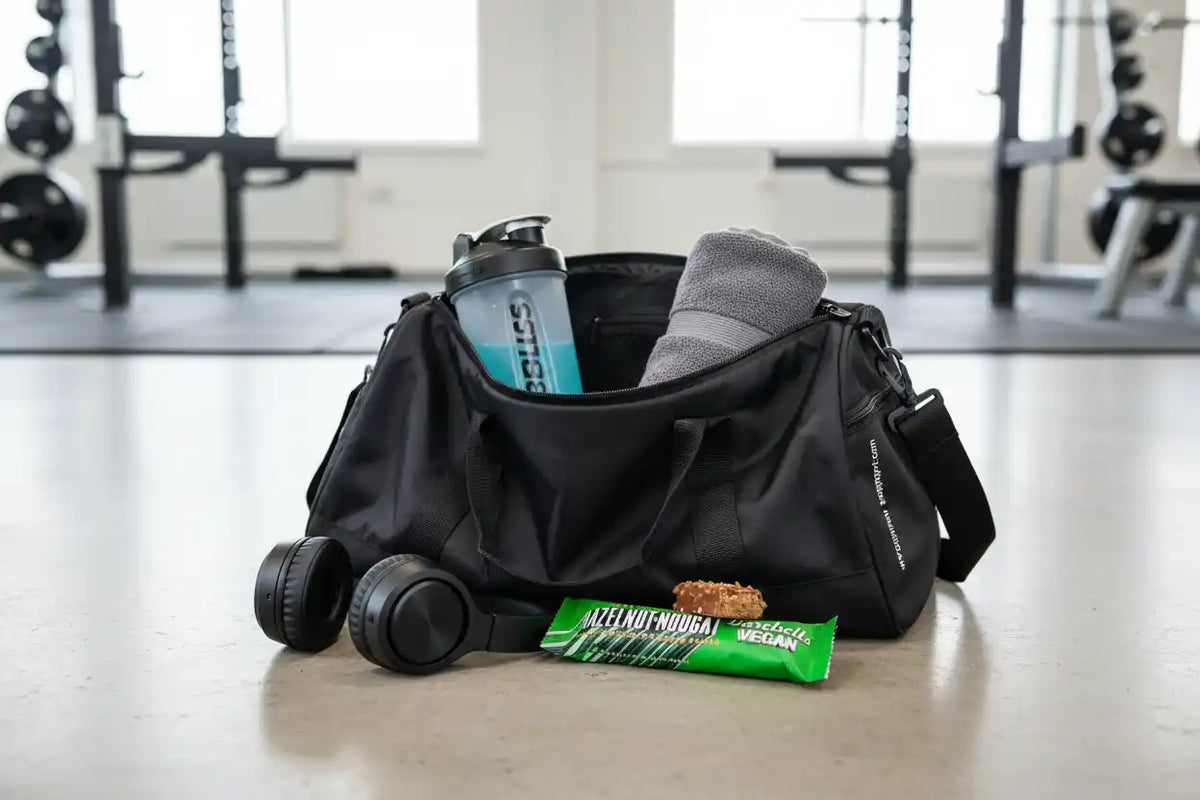 Fitness-Tasche mit Shaker, veganer Riegel und Kopfhörern im Gym