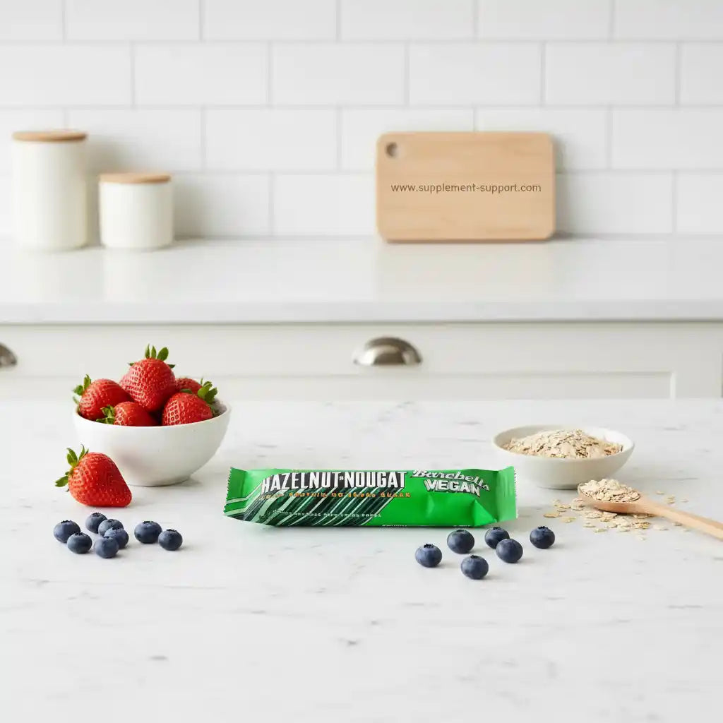 Veganer Hazelnuss-Nougat-Riegel mit Beeren und Haferflocken – ideal für Sportler und Fitness