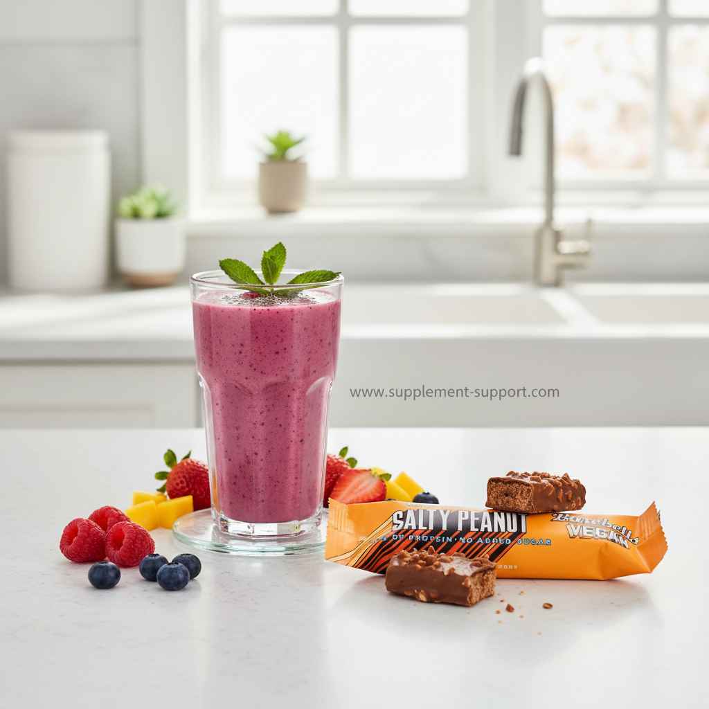 Beeren-Smoothie mit Salty Peanut Proteinriegel, ideal für Fitness und Sportnahrung