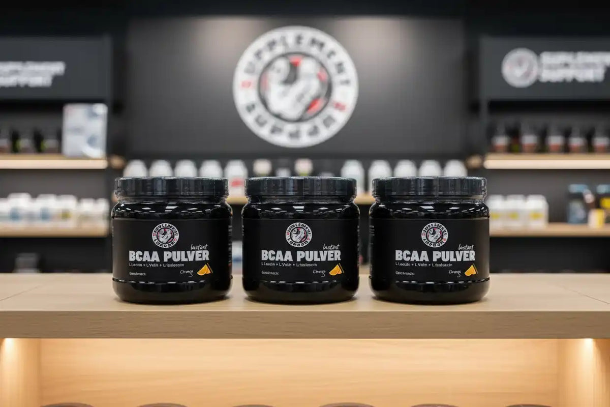 Drei schwarze Dosen BCAA Pulver auf einem Holzregal vor Supplement-Support Hintergrund