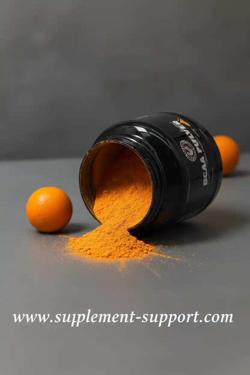 BCAA Pulver in schwarzem Behälter mit orangefarbenem Sportnahrung-Pulver und Orangen.