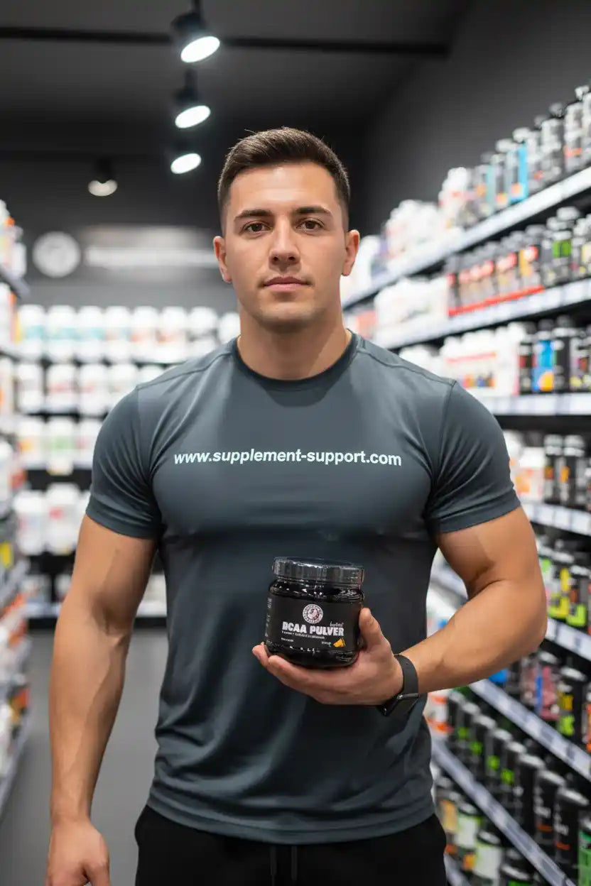 Muskulöser Mann hält eine Dose BCAA Pulver in einem Supplement-Shop.