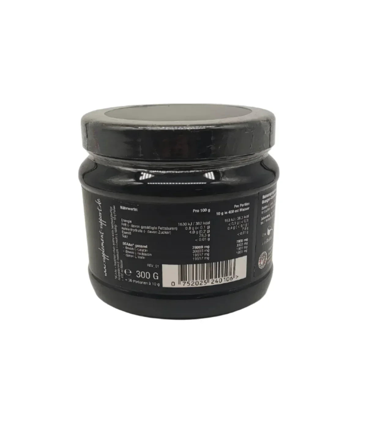 Schwarzes Supplement-Glas mit Nährwerttabelle und 300g Inhaltsangabe