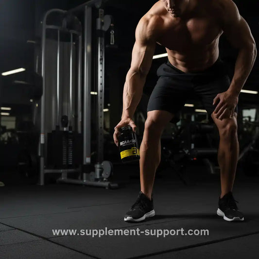 Muskulöser Athlet mit BCAA+ B6 Supplement im Fitnessstudio, ideal für Fitness, Fußball & Laufen