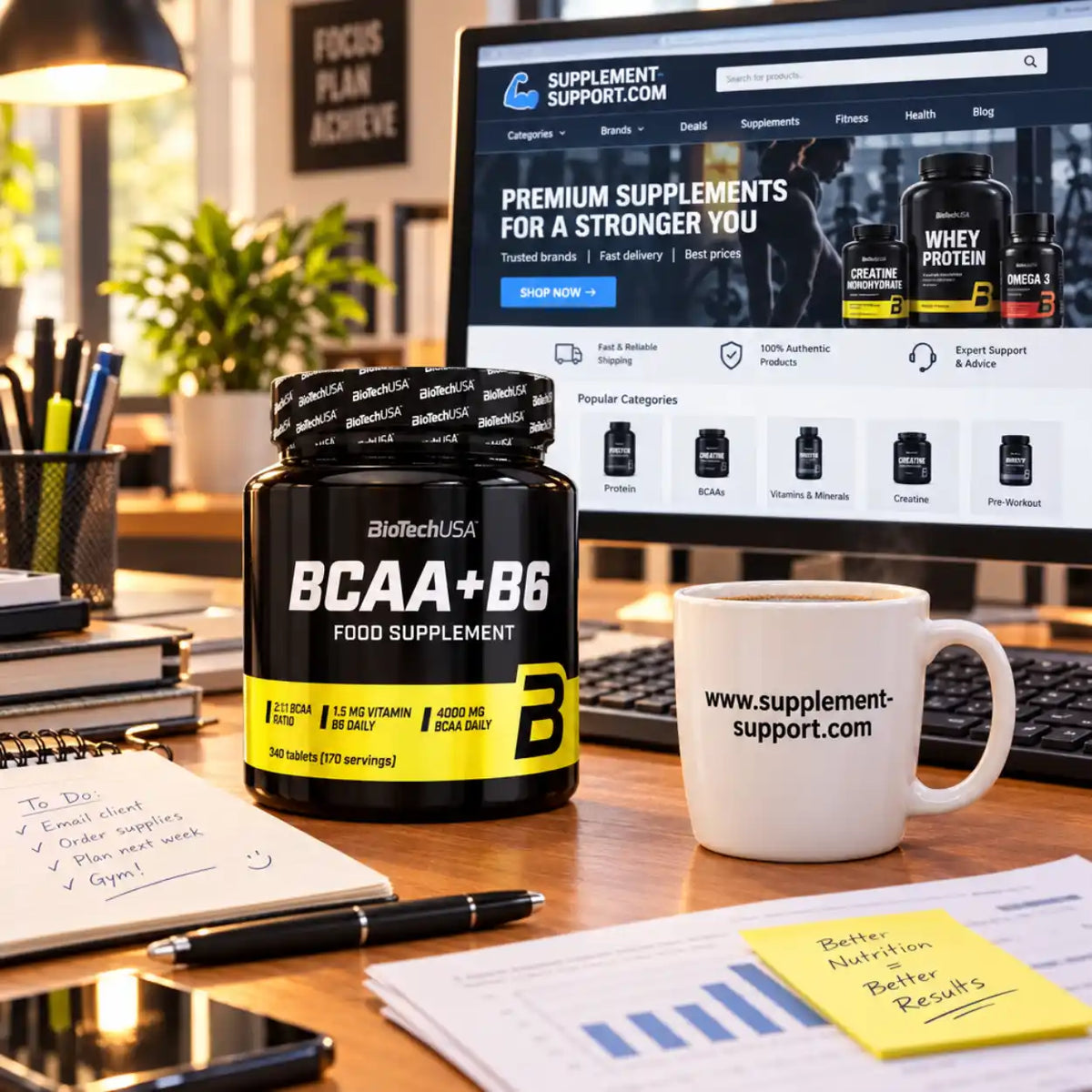BioTech USA BCAA+B6 Nahrungsergänzungsmittel Dose auf einem Schreibtisch neben einem Computer