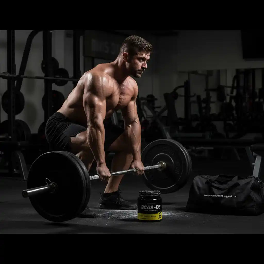 Muskulöser Athlet beim Deadlift mit BCAA+B6 Supplement im Fitnessstudio
