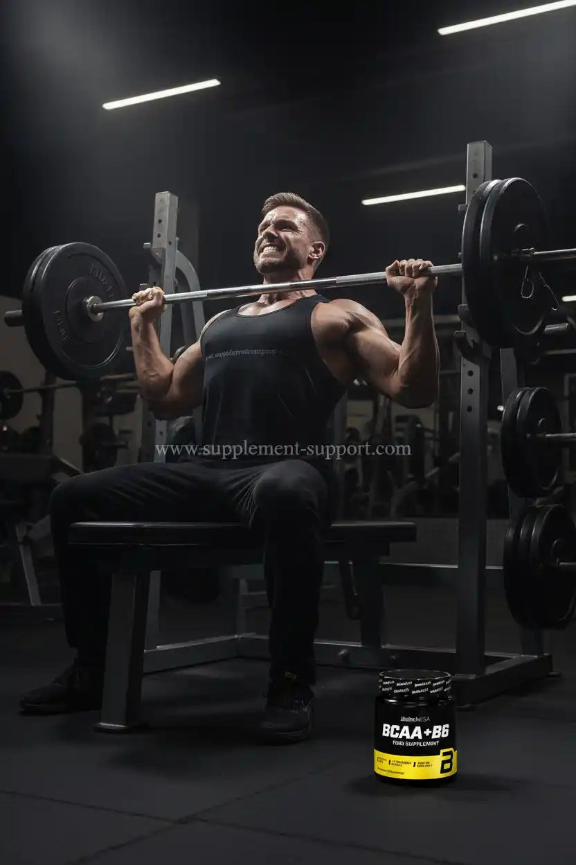 Muskulöser Mann beim Bankdrücken im Fitnessstudio mit BCAA + B6 Nahrungsergänzung