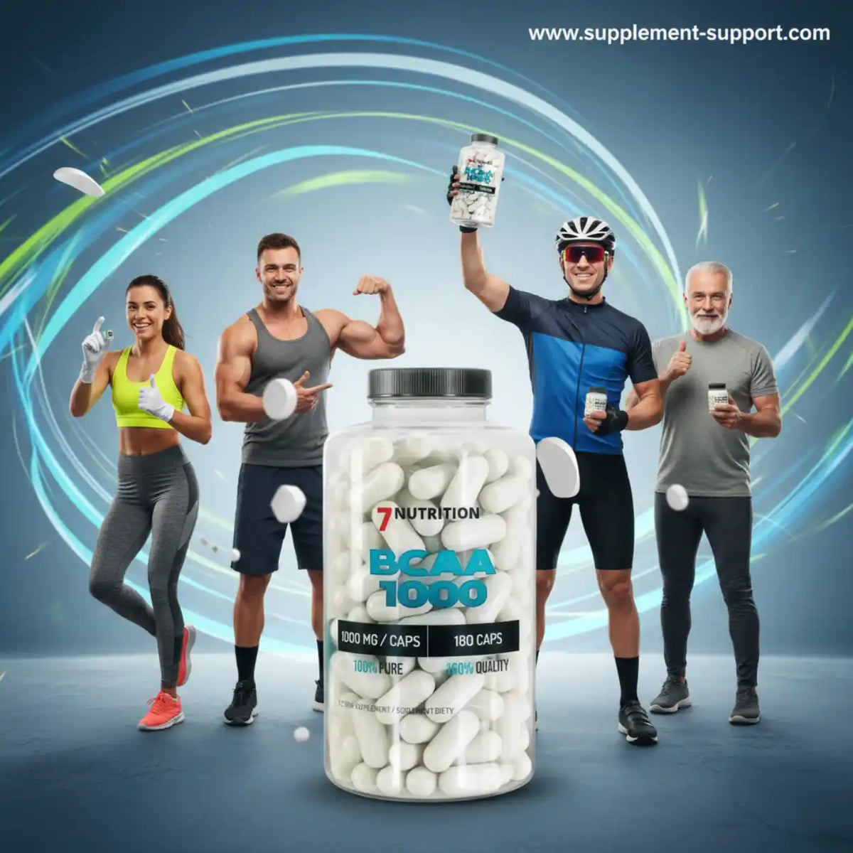 7 Nutrition BCAA 1000 Kapseln für Sportler mit Fitness- und Radsportlern im Hintergrund.