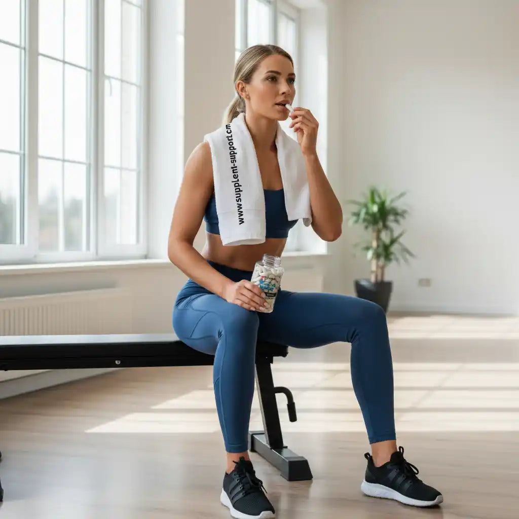 Frau in Sportkleidung nimmt Nahrungsergänzungsmittel ein, Handtuch mit Supplement-Support.com
