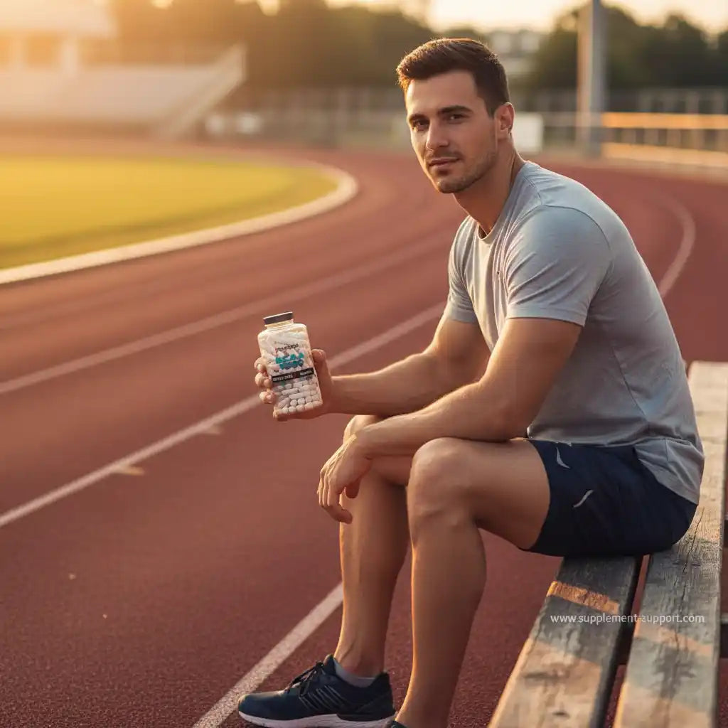 Athlet mit Nahrungsergänzungsmittel auf Laufbahn, ideal für Fitness und Sportler
