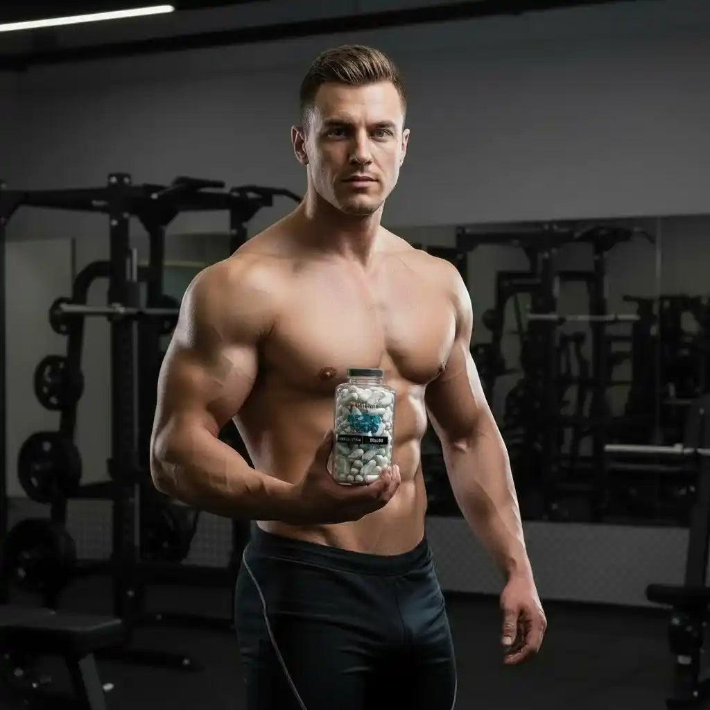 Muskulöser Mann mit Nahrungsergänzungsmitteln im Fitnessstudio