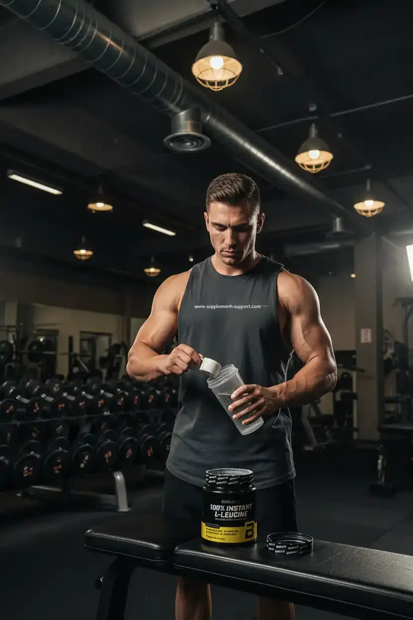 Muskulöser Mann mischt L-Leucin Nahrungsergänzung in einem Shaker im Fitnessstudio.
