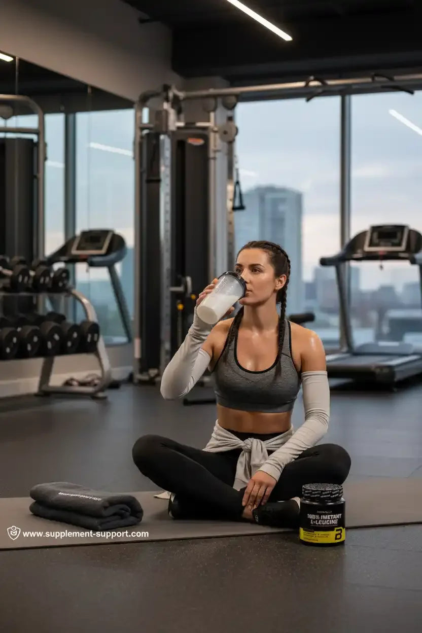 Sportlerin im Fitnessstudio trinkt Proteinshake neben einer Dose L-Leucin