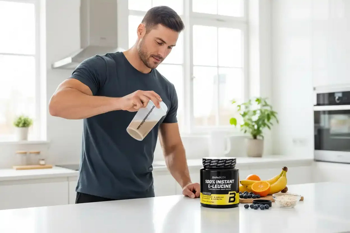 Muskulöser Mann füllt L-Leucin Nahrungsergänzungsmittel in einen Shaker in einer Küche