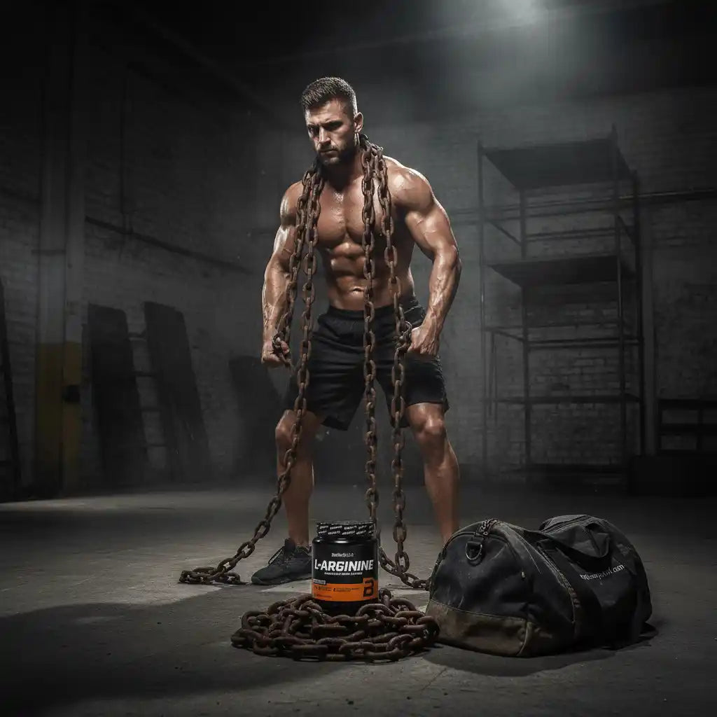 Muskulöser Athlet mit Ketten und L-Arginin Supplement im Fitnessstudio