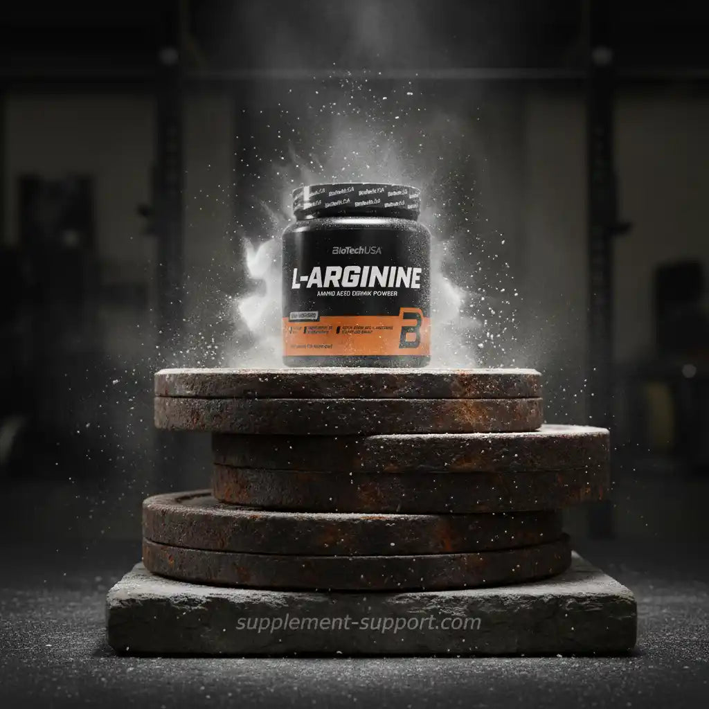 BioTechUSA L-Arginin Aminosäure-Pulver auf Gewichten im Fitnessstudio