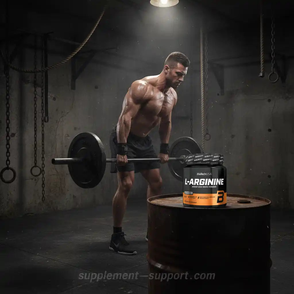 Muskulöser Athlet mit L-Arginin Pulver beim Gewichtheben im Fitnessstudio