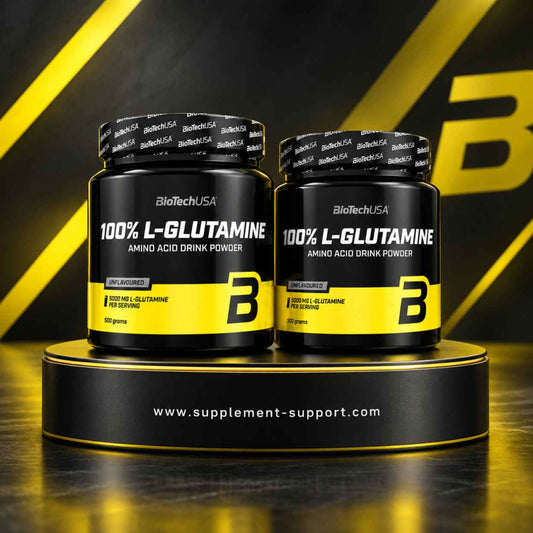 Zwei Dosen BioTech USA 100% L-Glutamin Aminosäuren Pulver in Schwarz und Gelb.