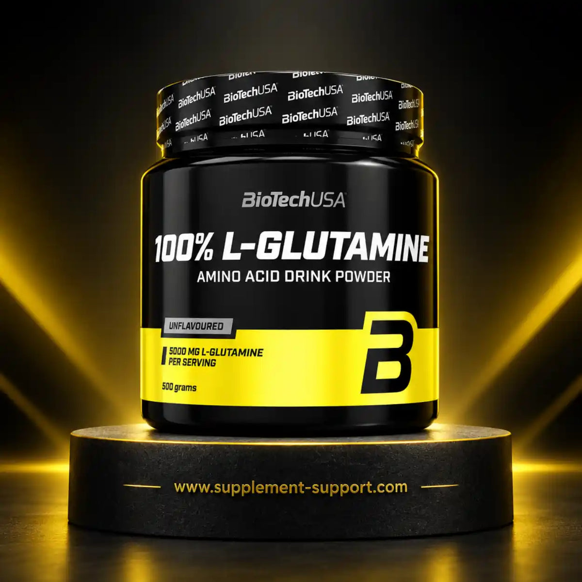 BioTech USA 100% L-Glutamin Aminosäure-Pulver, 500g, ungeschmackt in schwarzer Dose.
