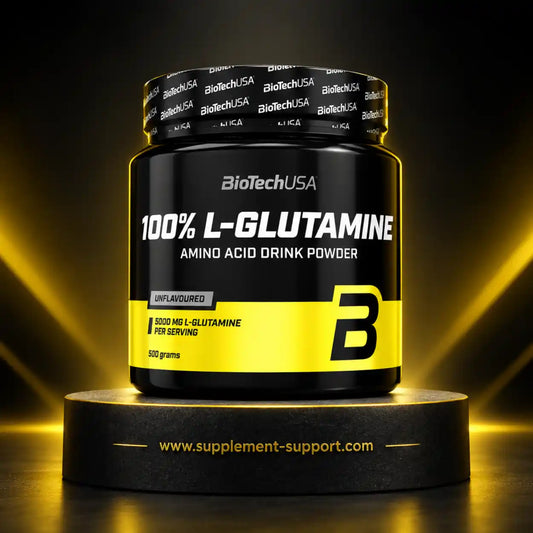BioTech USA 100% L-Glutamin Aminosäure-Pulver, 500g, ungeschmackt in schwarzer Dose.