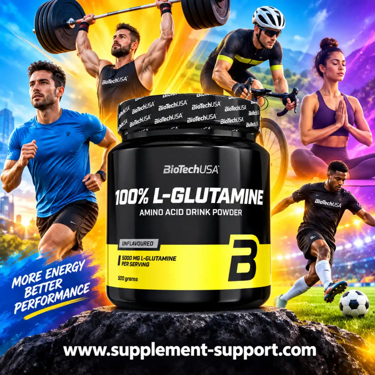 BioTech USA 100% L-Glutamine Pulver 500g für Sportler beim Krafttraining, Laufen und Yoga.