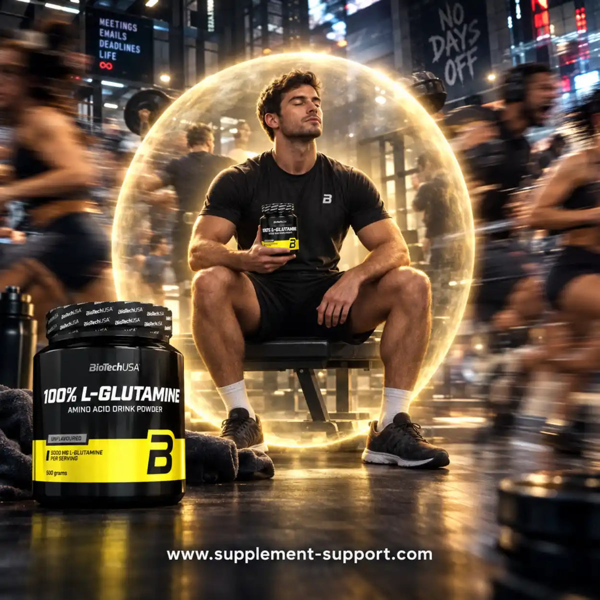 BioTech USA 100% L-Glutamin Pulver 500g vor einem muskulösen Mann im Fitnessstudio